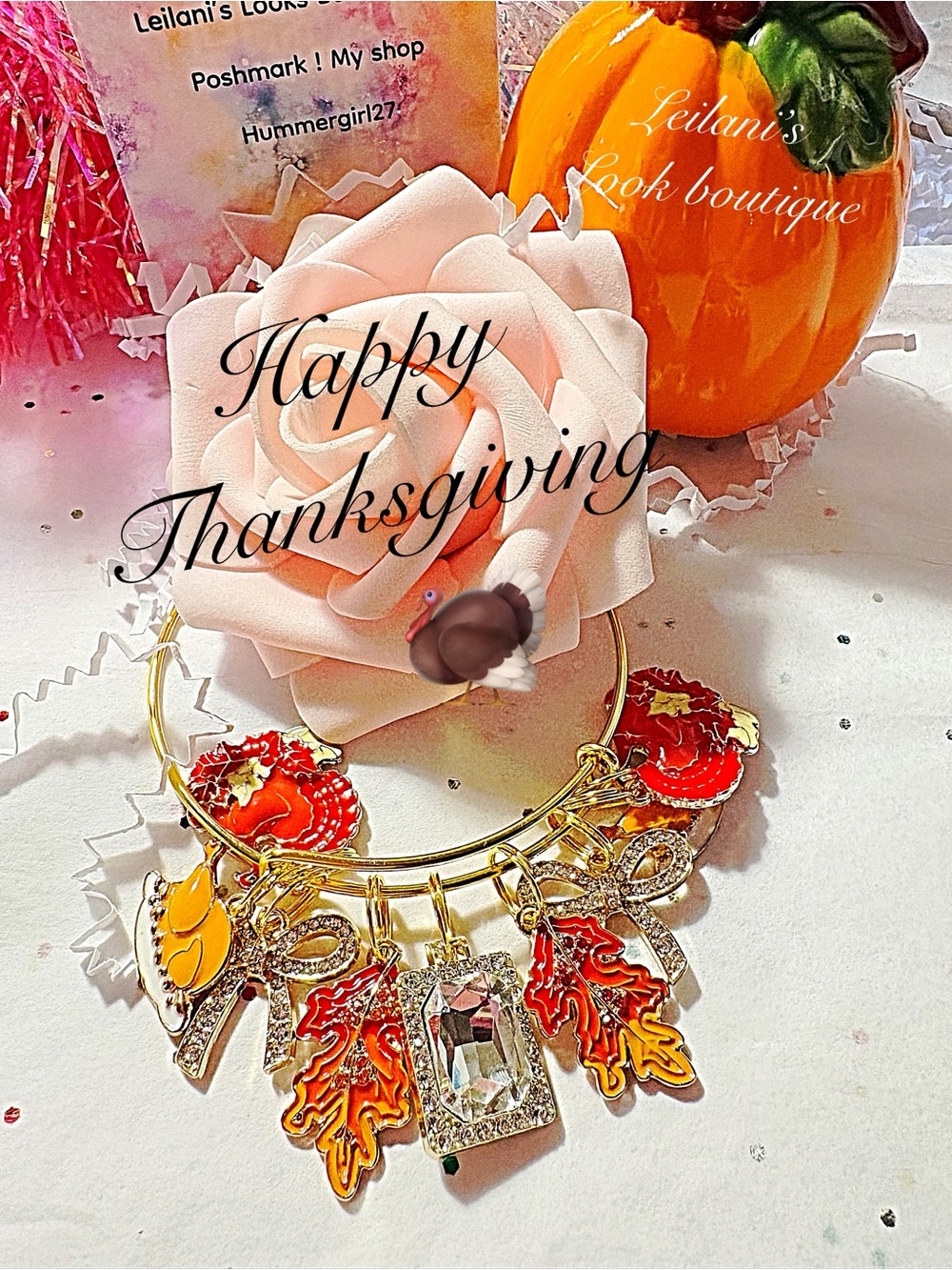 Thanksgiving gold charm bangle bracelet/fall/turkey time/gifts/